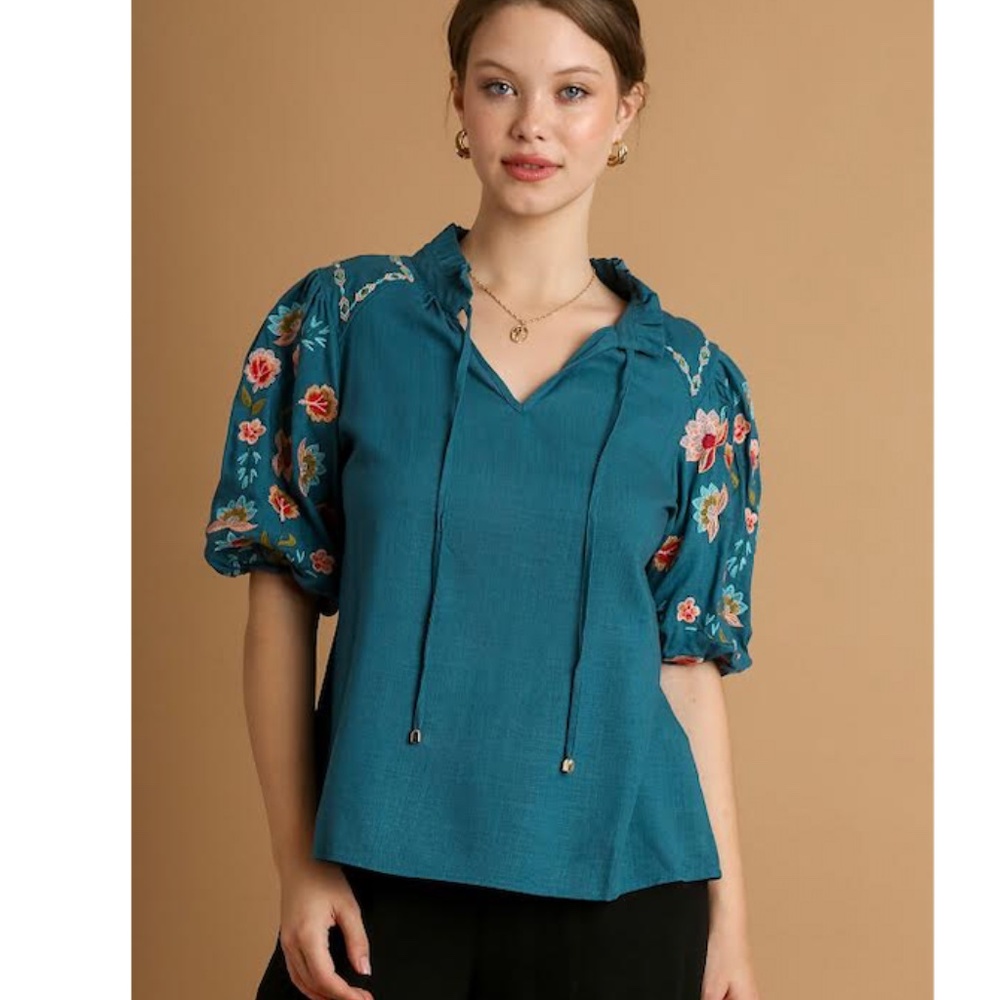 Umgee Teal Puff Sleeve Embroidered Floral Top